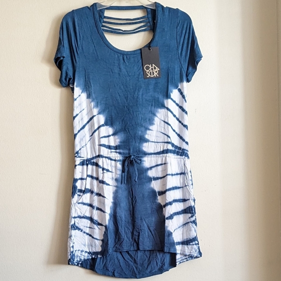 Chaser Cool Jersey S/S Strappy Drape Back Tie Dye White Blue Dress Medium - Picture 5 of 13